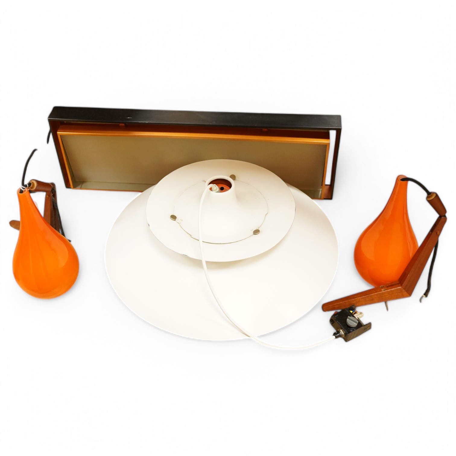 A 1970’s Poul Henningsen PH5 Danish tiered cream and blue enamelled pendant ceiling light and a large rectangular shaped sheet metal ceiling light, together with a pair of Holmegaard teak and orange glass pendant wall li